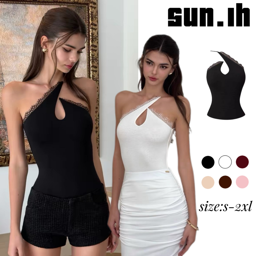 SUN🛍️พร้อมส่ง🛍️เสื้อกั๊กสายคล้องคอแบบเซ็กซี่ ดีไซน์ไม่สมมาตร ตกแต่งด้วยลูกไม้ เข้ารูปช่วงเอวและด้านหลัง