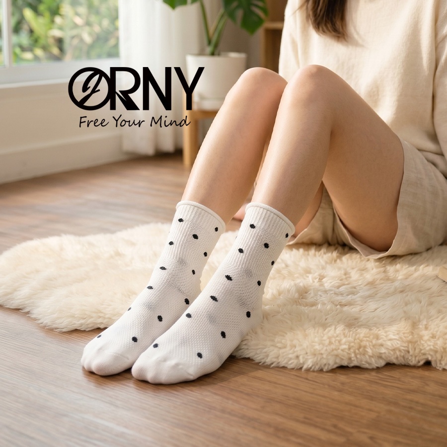 ORNY ถุงเท้าลายจุด S105 ขอบระบาย น่ารักสไตล์เกาหลี ถุงเท้าผ้าฝ้ายทอร่อง ผ้านิ่ม ระบายอากาศดี