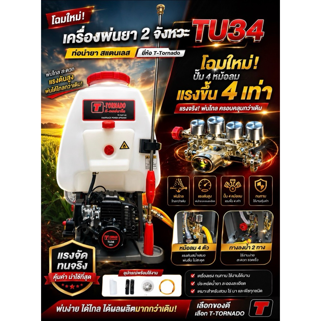 เครื่องพ่นยา4จังหวะทอนาโดติด 2หม้อลม / 4หม้อลม
