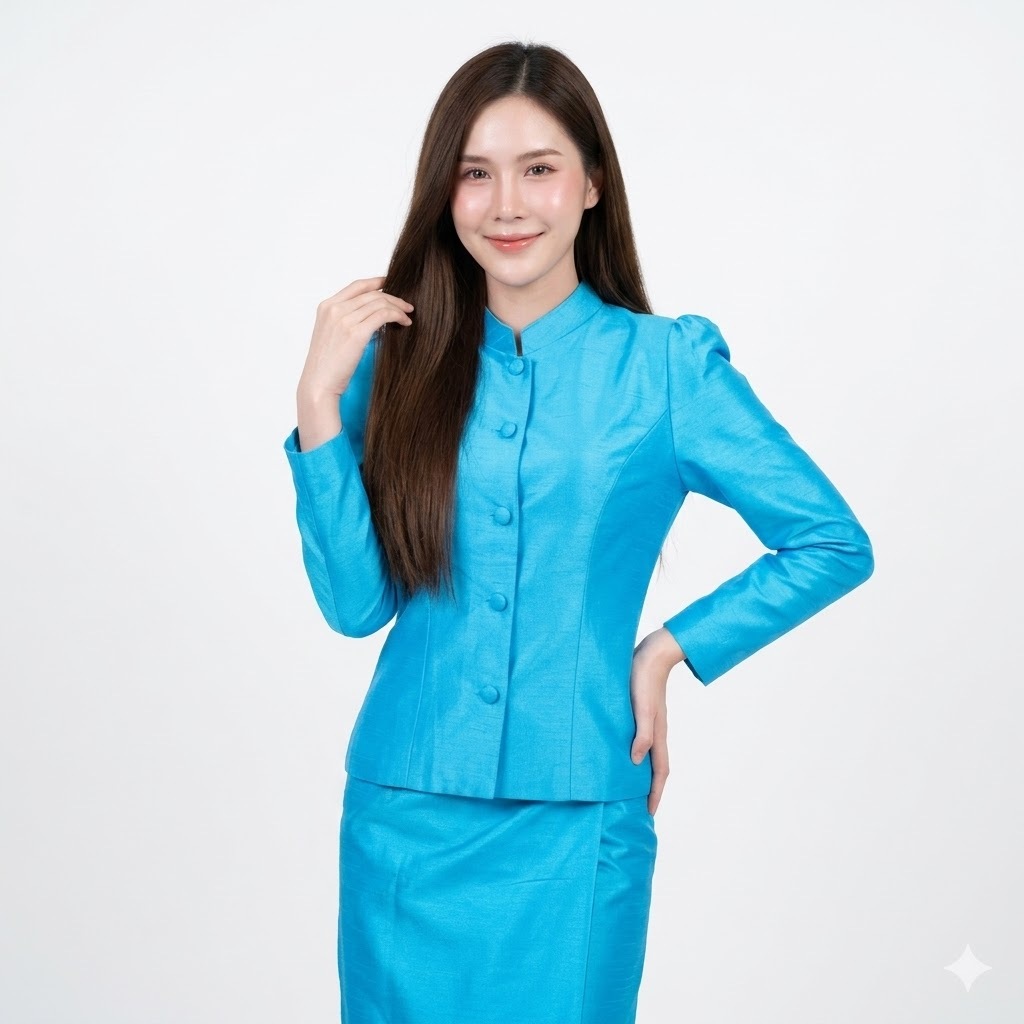 เสื้อจิตลดาไหมสี่เส้น สีฟ้า คอจีนแขนยาว เสื้อชุดไทยสุภาพ เสื้อไซส์ใหญ่ อก34-46นิ้ว [M9]