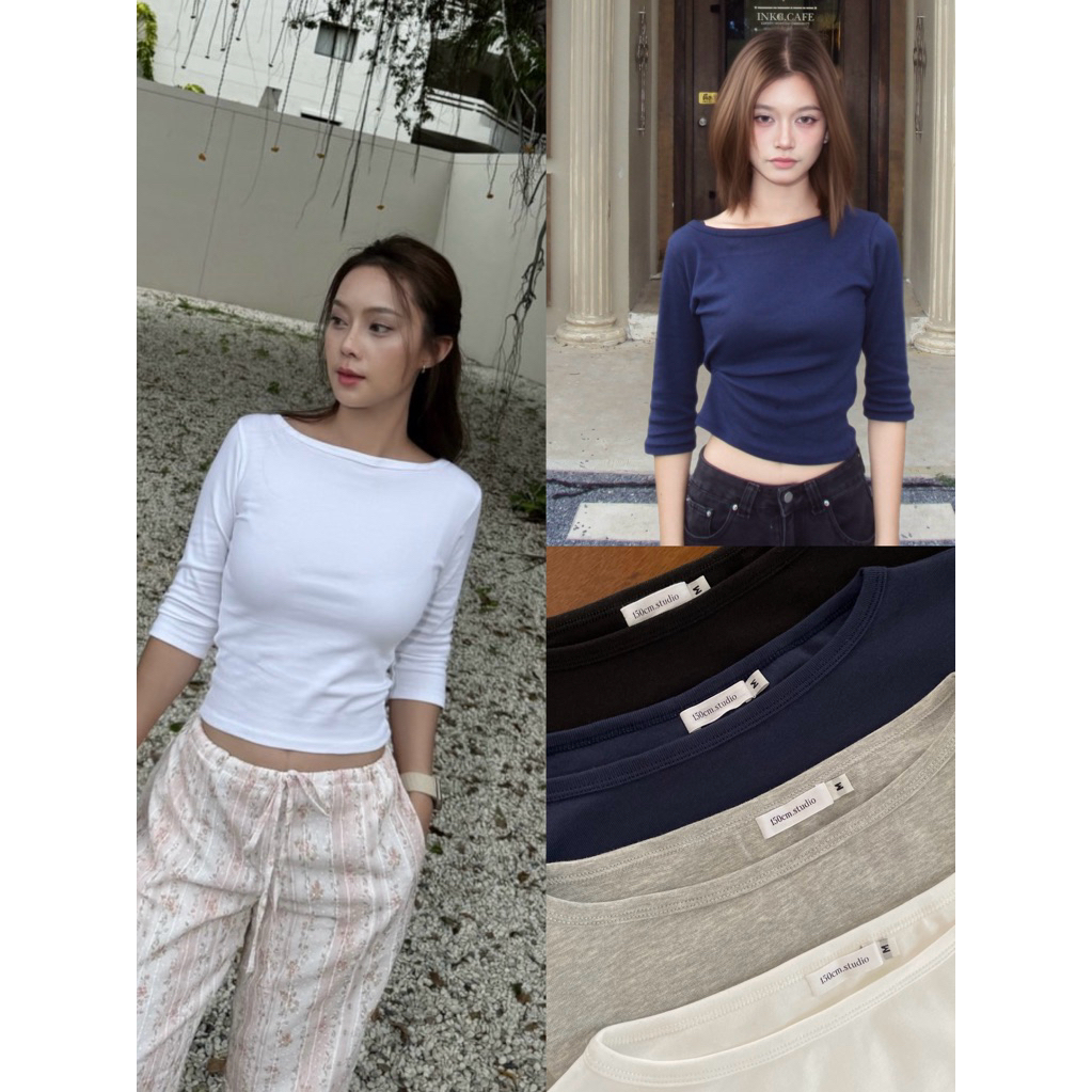 (เติมสีขาวดำ)เสื้อแขนยาว 3/4 ทรงเบสิคเข้ารูป ผ้ายืด นุ่ม ใส่สบาย basic long sleeve top เสื้อแขนยาวผู้หญิง | 150cm.studio