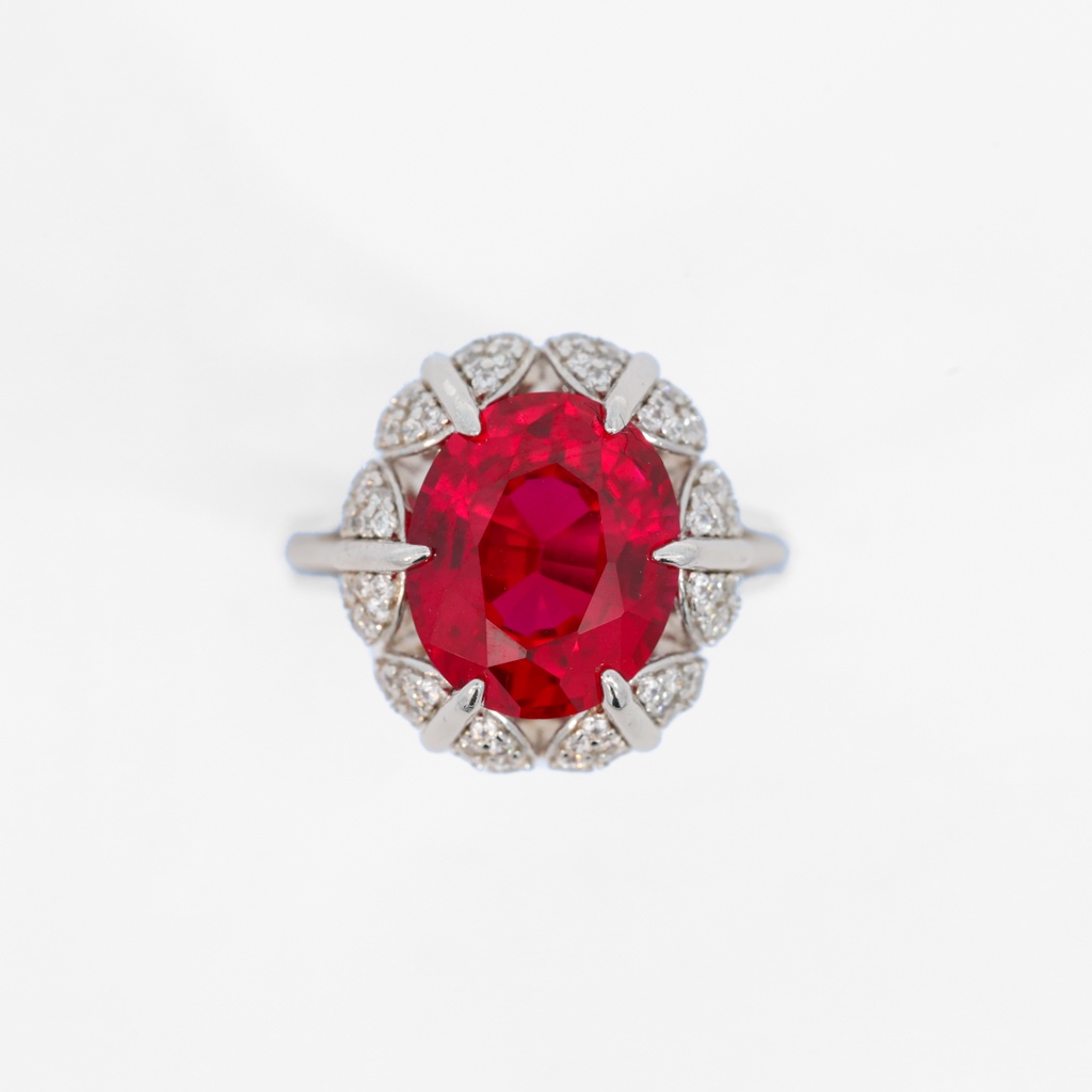 PIGEON BLOOD RED RUBY SILVER RING WITH CVD DIAMOND