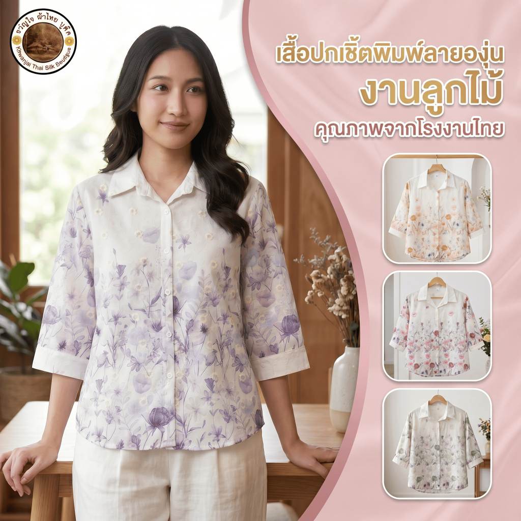NewArrival2026 เสือเชิ้ตลายดอกละมุนแซมผ้าลูกไม้ ขับผิวให้ดูสดใส ผ้าพลิ้วไม่หนา งานคุณภาพจากไทย