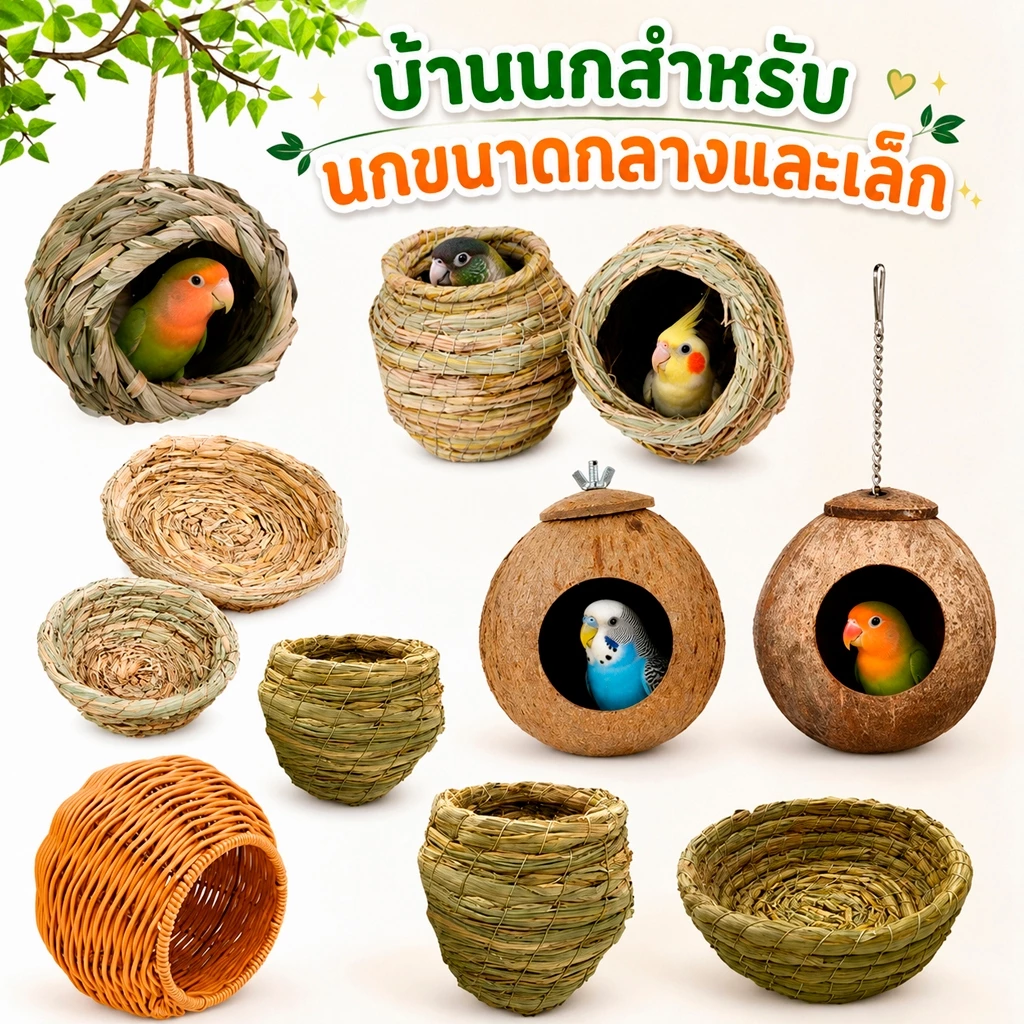 บ้านนกแก้ว บ้านนก รังนกสานธรรมชาติ รังนกจากหญ้า รังเพาะพันธุ์นก รังสำหรับเลิฟเบิร์ดและค็อกคาเทล