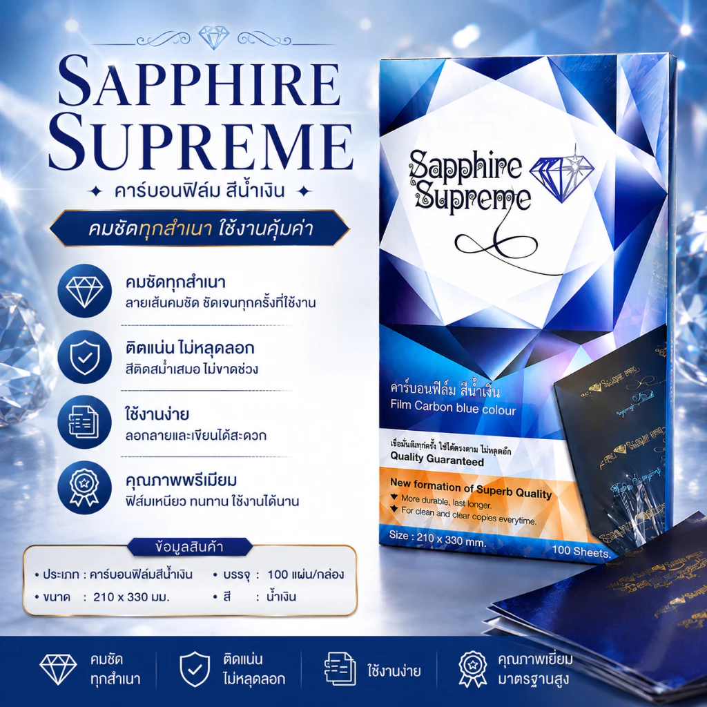 Sapphire Supreme คาร์บอนฟิล์มสีน้ำเงิน ตราเพชร ขนาด 210 x 330 มม. (100 แผ่น)