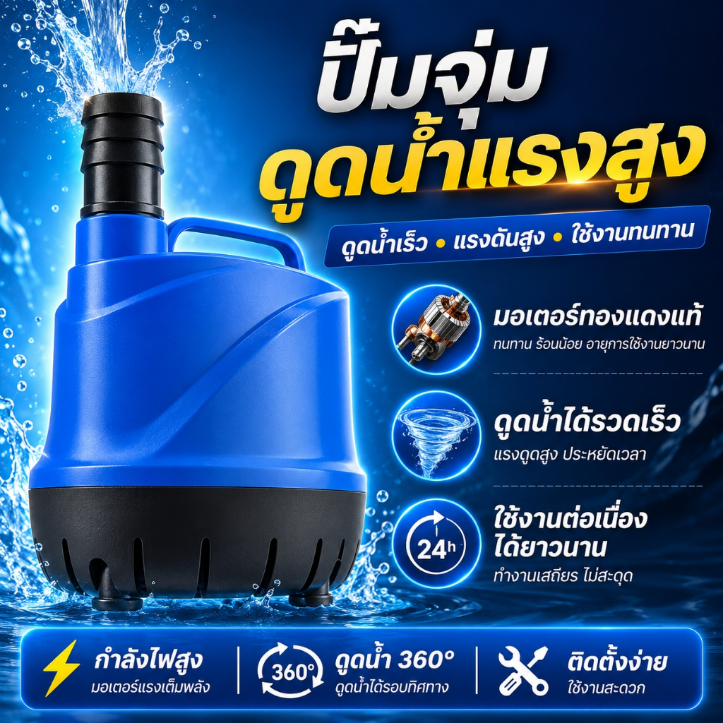 ปั๊มน้ำจุ่มดูดน้ำด้านล่าง 360° สูบน้ำเร็ว มอเตอร์แรง ใช้งานอเนกประสงค์ สำหรับตู้ปลา บ่อปลา