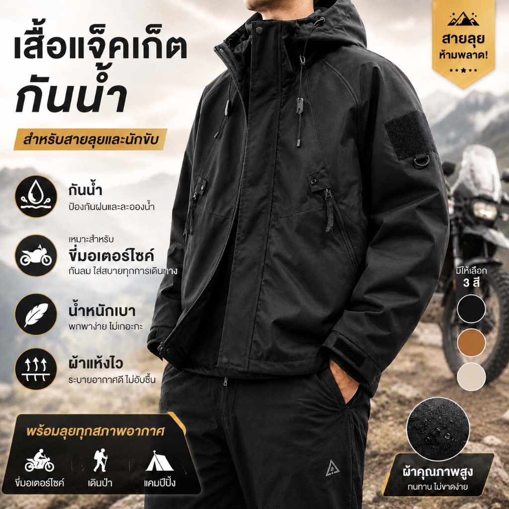 เสื้อแจ็คเก็ตกันน้ำกันฝนสำหรับขี่มอเตอร์ไซค์ ผู้ชาย เบา ระบายอากาศ แห้งไว กันลม ฮู้ด outdoor ใส่สบาย เที่ยว เดินป่า มี3ส