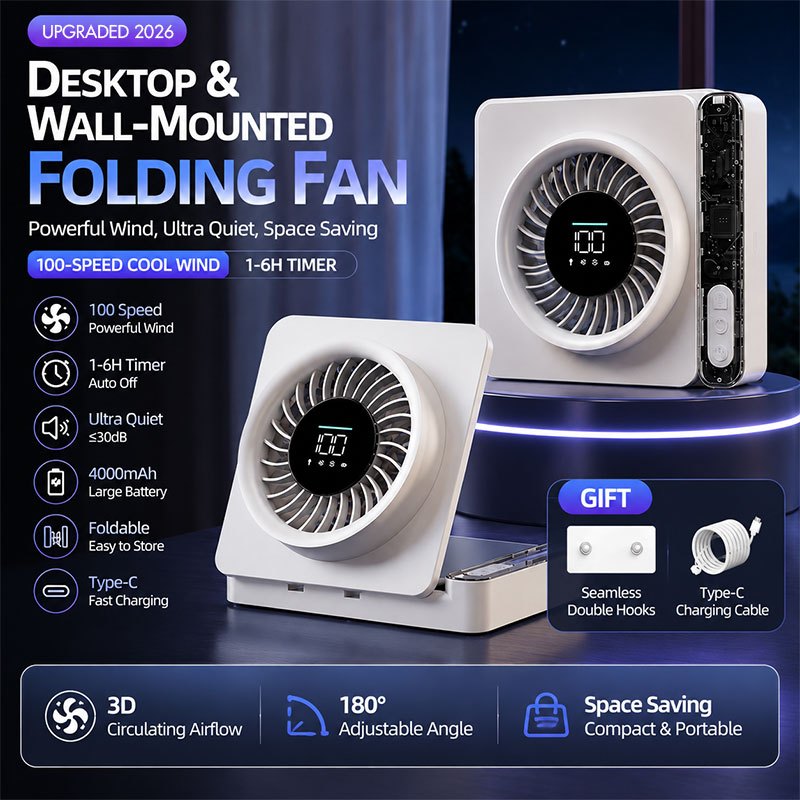 Dual-purpose fan for desktop placement and wall mounting, powerful silent brushless motor, 5 adjustable wind speeds, fol