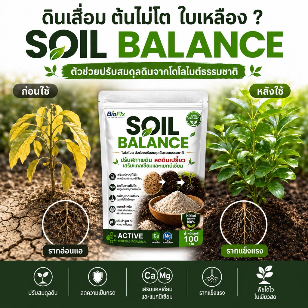 BioFix Soil Balance สารปรับปรุงดิน เติมแร่ธาตุ ปรับ pH ดิน แก้ดินเป็นกรด ปลูกอะไรก็งาม 100 g. โดโลไมท์