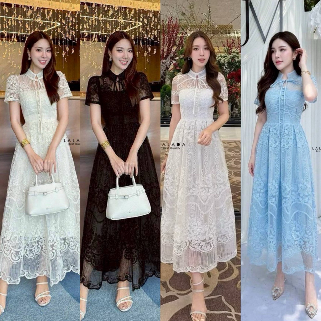 พร้อมส่ง•LALADA•เดรสผ้าลูกไม้มีซับใน แต่งกระดุมหน้า แต่งโบว์ด้านหน้า