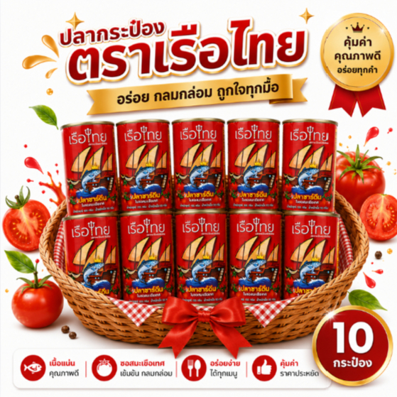 ขายดี 10 กระป๋อง - ตราเรือไทย ปลาซาร์ดีนในซอสมะเขือเทศ 155g