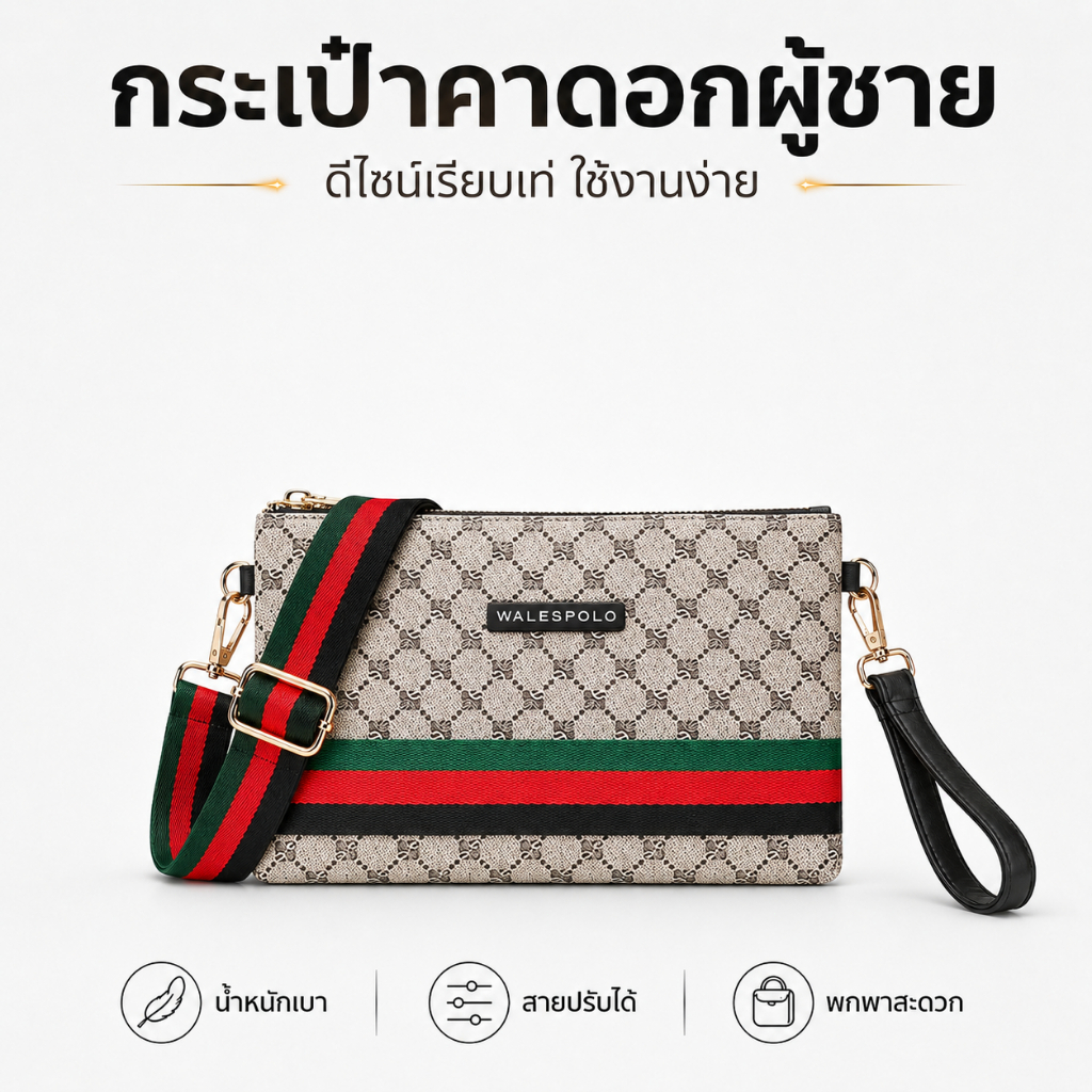 กระเป๋าคาดอกผู้ชาย WALESPOLO ลายโมโนแกรม สีเบจ สายสะพายปรับได้ ดีไซน์เรียบหรู ใช้งานได้ทุกวัน