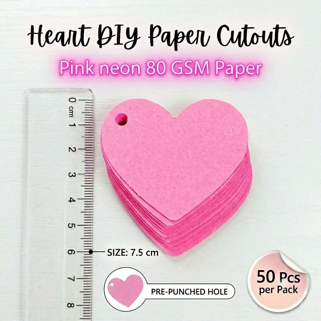 (❤️50ดวง❤️) กระดาษหัวใจสีชมพูนีออน🎈แบบเจาะรู 🎈หัวใจกระดาษ หนา 80 แกรม 💌ขนาด 7.5cm.