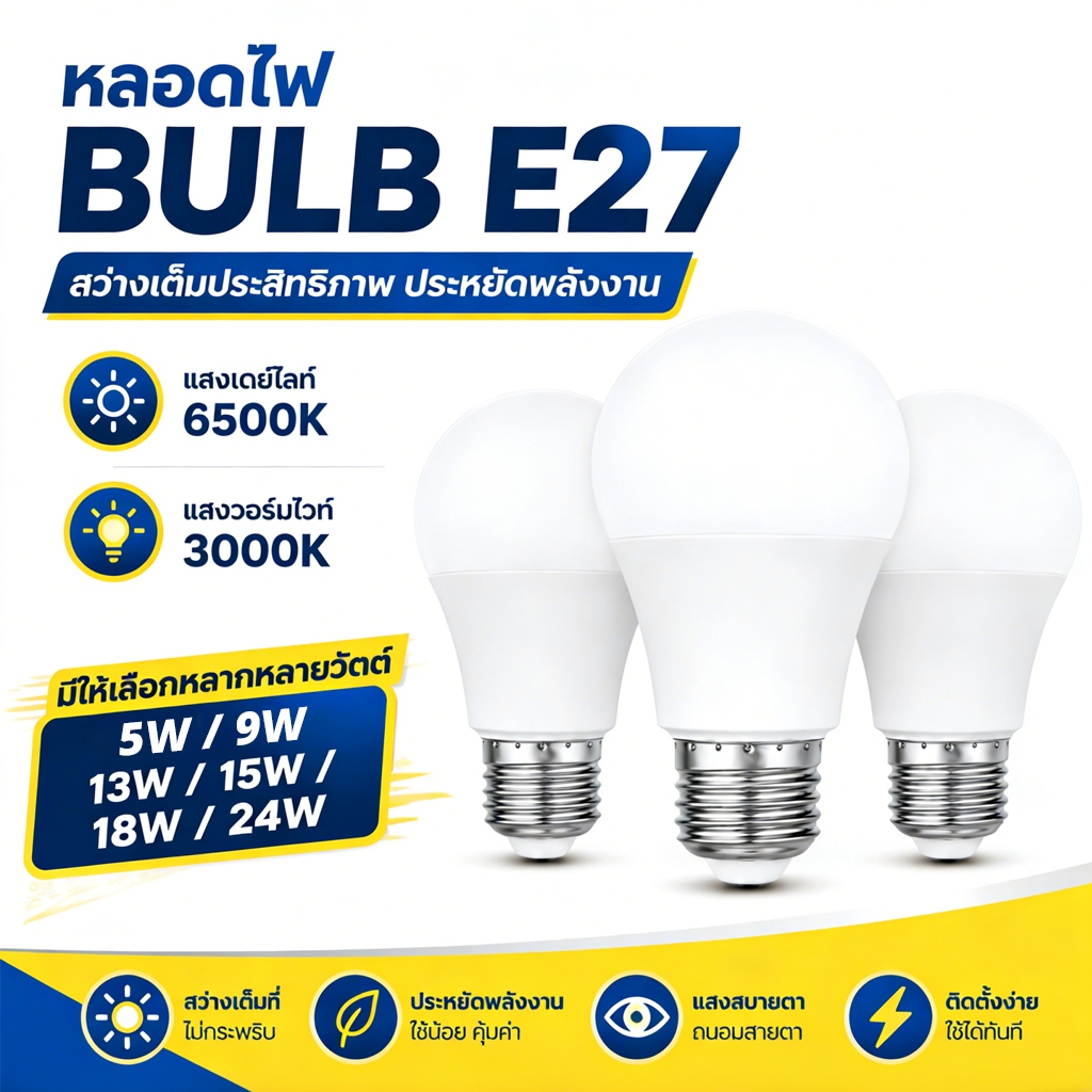 หลอดไฟ LED SlimBulb สว่างสูง ประหยัดไฟ ขั้ว E27 220V 5W-24W ทนทาน