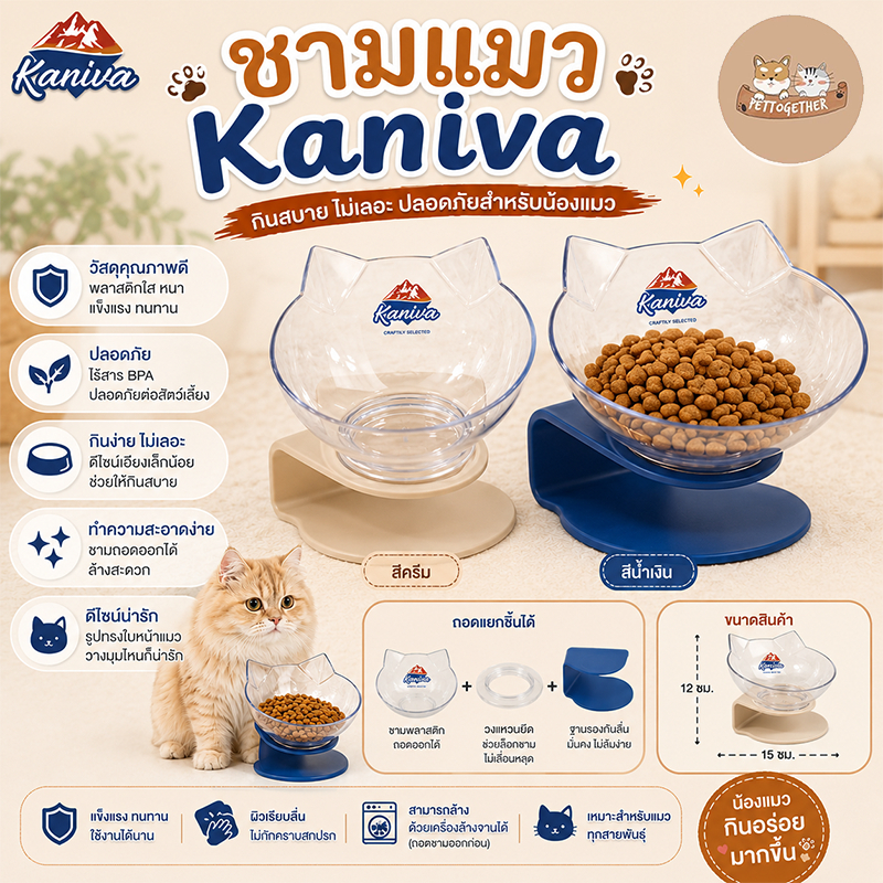 ชามอาหารแมว Kaniva ทรงหน้าแมว พร้อมฐานรอง มีให้เลือก 2 สี