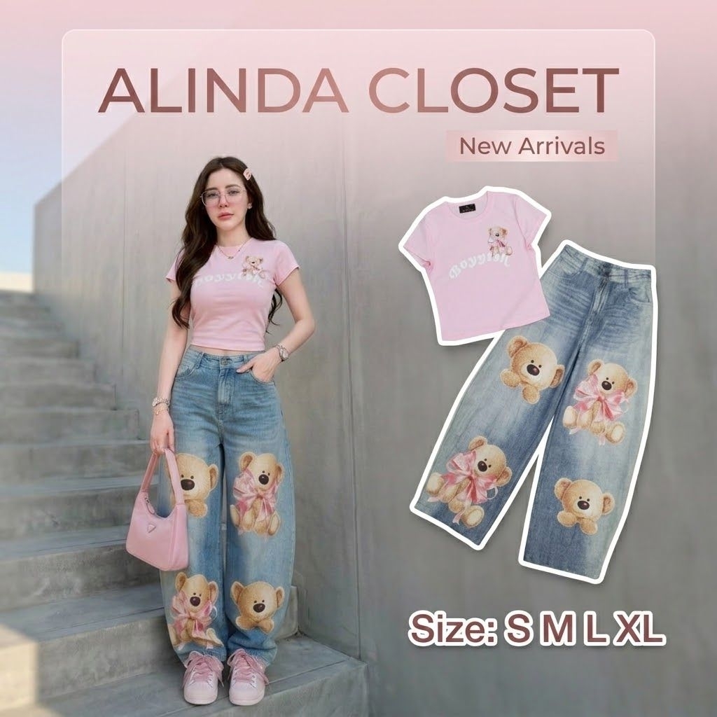 𝘼𝙇𝙄𝙉𝘿𝘼 𝘾𝙇𝙊𝙎𝙀𝙏 ᯓ ★ ชุดเซ็ตเสื้อยืดสกรีนลายสีชมพู ทรงBaby tee+กางเกงยีนส์พิมพ์ลายหมี3D เอวสูงทรงBarrel