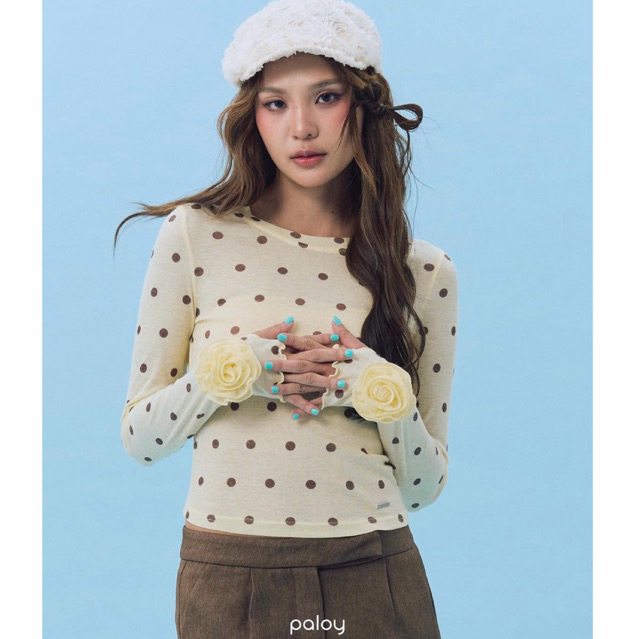 [Best Seller] Paloy - PL2360 Camellia Top🌸เสื้อแขนยาว ทรงเข้ารูป ปลายแขนแต่งดอกคาเมลเลีย☀️ของใหม่ New✨