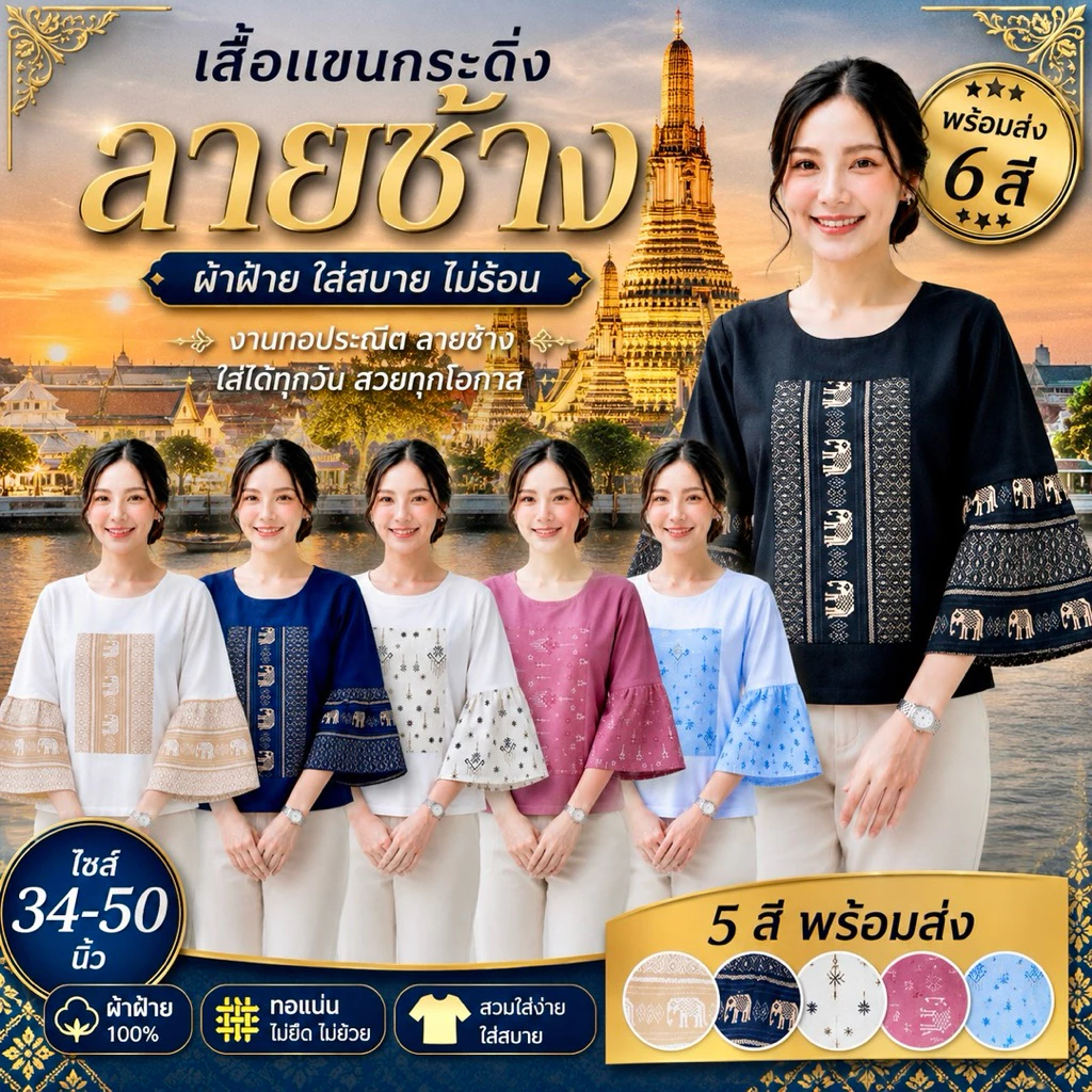 เสื้อคอกลม แขนกระดิ่งลายช้าง🛎🐘