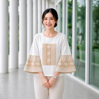 เสื้อคอกลม แขนกระดิ่งลายช้าง🛎🐘