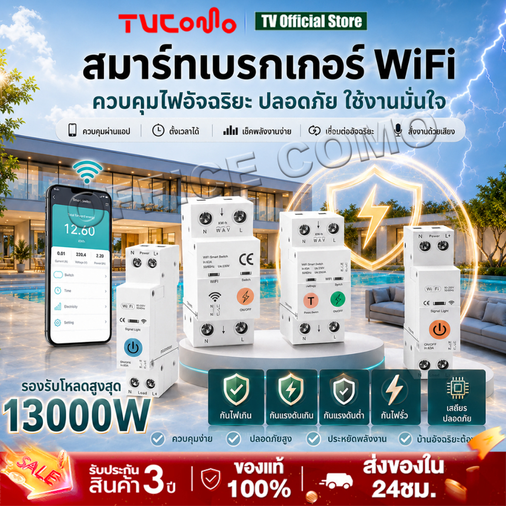 เบรกเกอร์ WiFi Circuit Breaker Tuya 1P/2P ควบคุมผ่านแอป ตั้งเวลา วัดไฟ ป้องกันไฟเกิน สำหรับบ้านอัจฉริยะ
