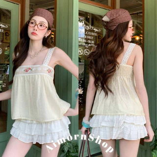 🔥aimorn_shop🔥เสื้อสายเดี่ยวสายแต่งลูกไม้ เดินขอบช่วงอกปักดอกไม้สวยๆ งานผ้าพริ้ว ใส่สบาย
