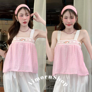 🔥aimorn_shop🔥เสื้อสายเดี่ยวสายแต่งลูกไม้ เดินขอบช่วงอกปักดอกไม้สวยๆ งานผ้าพริ้ว ใส่สบาย