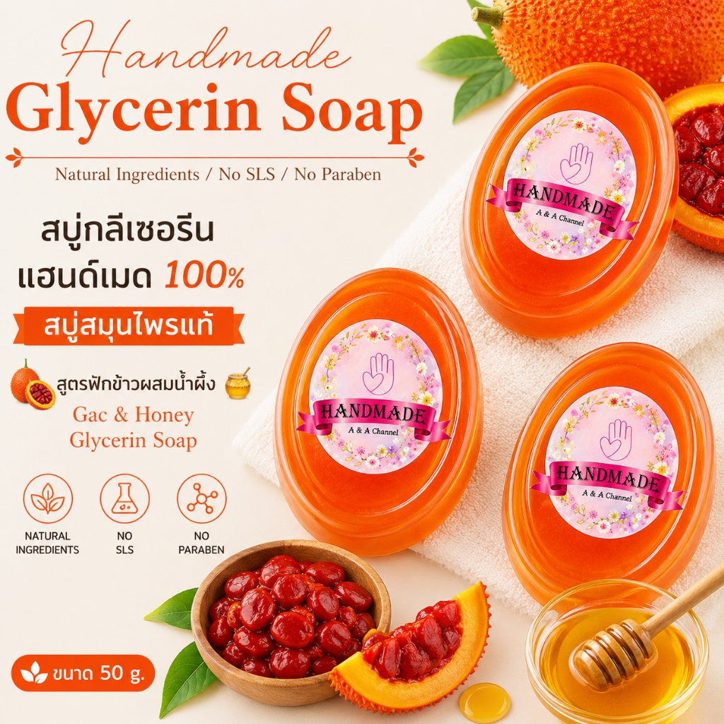 🎀สบู่ฟักข้าวน้ำผึ้ง🎀 50 กรัม สบู่สมุนไพรแท้ Gac & Honey Glycerin Soap สบู่กลีเซอรีน สบู่แฮนด์เมด สบู่สั่งทำได้