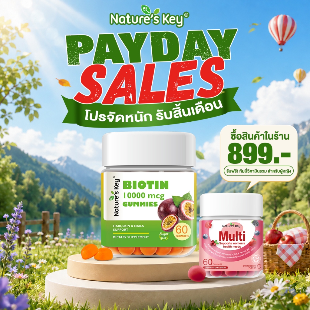 [มีอย.]Nature's Key Biotin 10,000 mcg  ไบโอติน รูปแบบกัมมี่ บำรุงผม เล็บ ผิวให้สวยจากภายใน ลดผมขาดหลุดร่วง รสเสาวรส