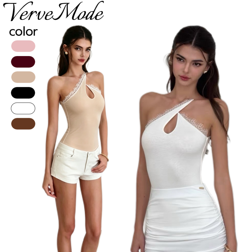 VerveMode.🍓 จัดส่งในประเทศไทย🍓เสื้อครอปสายเดี่ยวผ้าลูกไม้ฉลุลาย ดีไซน์โรแมนติก คอคล้องคอไม่สมมาตร