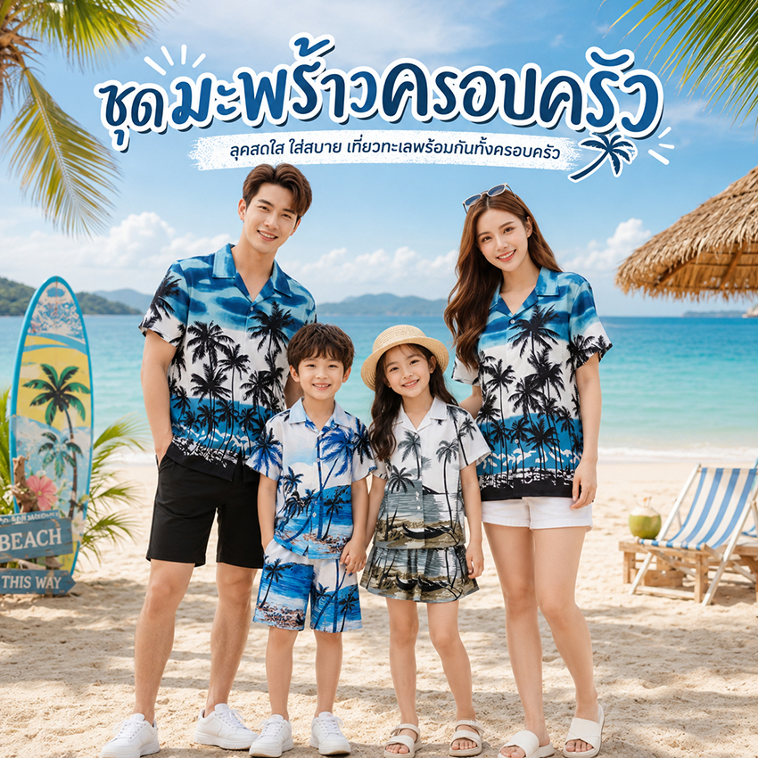 ชุดครอบครัว ชุดฮาวายเด็ก เสื้อผู้ใหญ่ ลายมะพร้าว ผ้าไหมอิตาลีใส่สบาย พร้อมส่งจากไทย