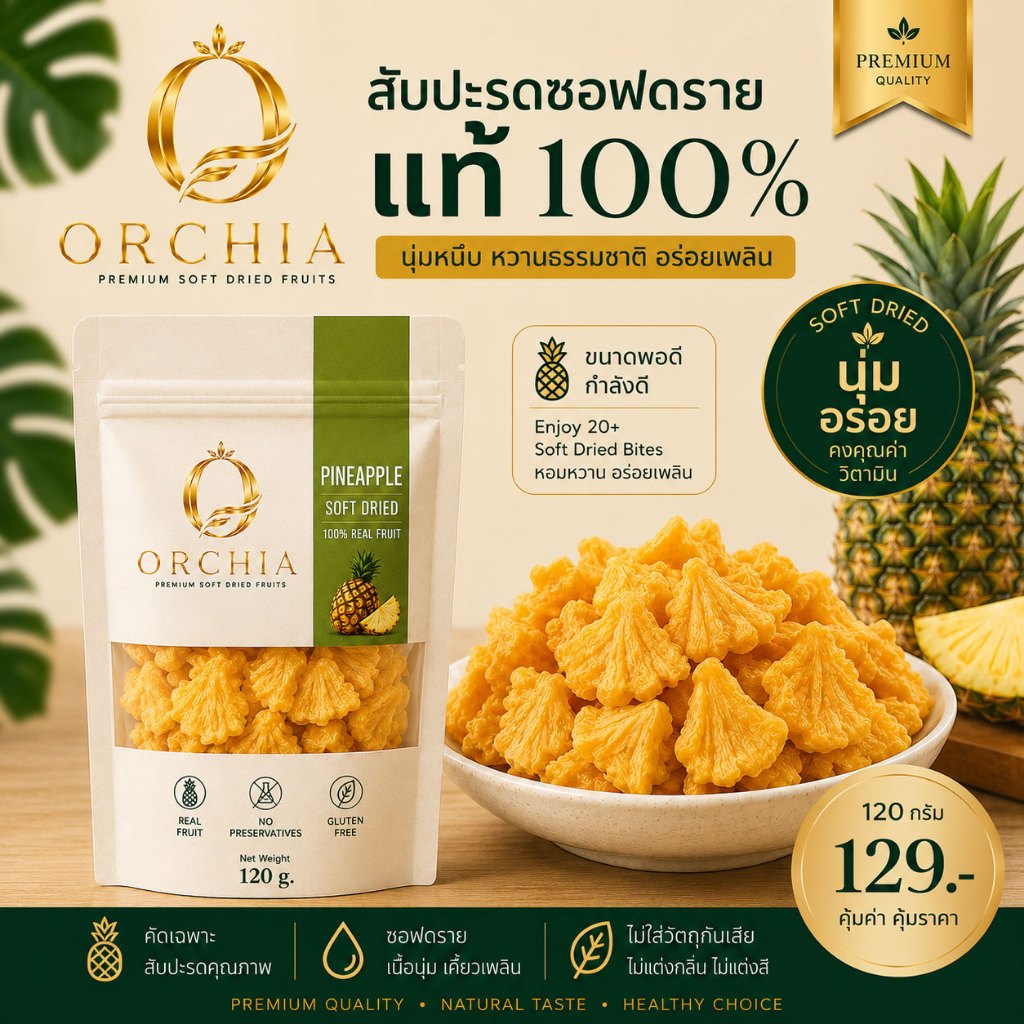 ORCHIA  สับปะรด Pineapple ผลไม้อบแห้งซอฟดราย 100%   มะม่วง  ฝรั่ง Golden Trio พริกเกลือ ผลไม้รวม เคี้ยวเพลิน ของฝาก