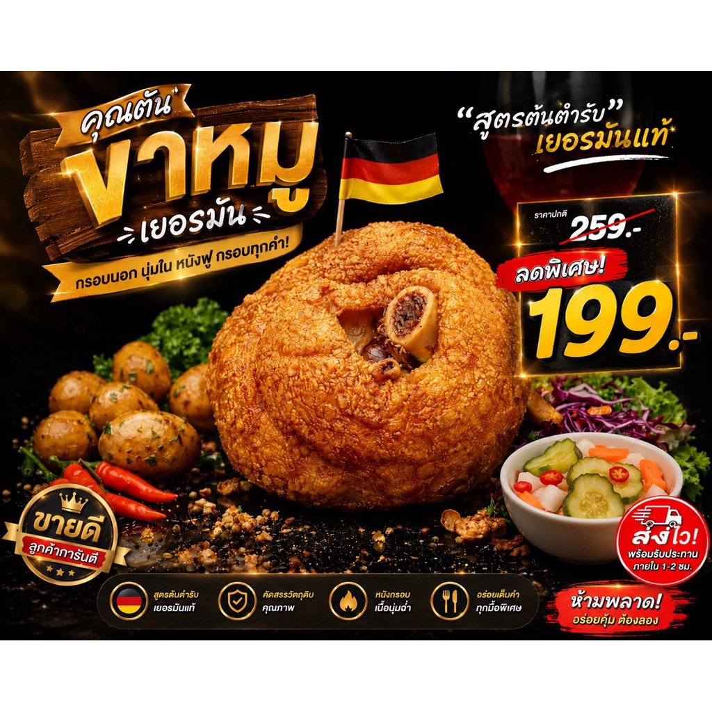 ขาหมูเยอรมัน น้ำหนัก700-800g แถมฟรีน้ำจิ้มสูตรเข้มข้นทุกออเดอร์ อร่อยจนแสงออกปาก