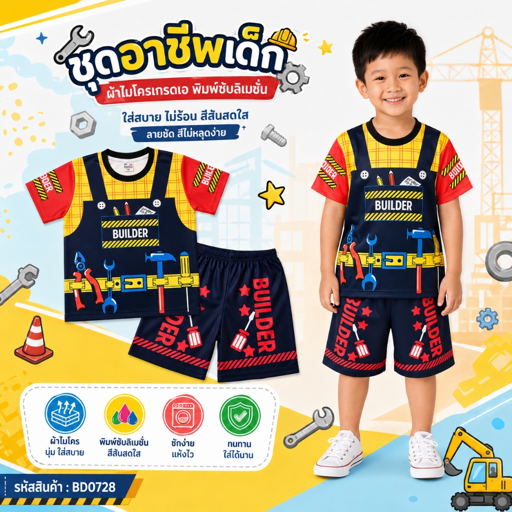 (BD0728) เสื้อผ้าเด็ก ชุดอาชีพเด็ก เสื้อแขนสั้น+กางเกงขาสั้น ผ้าไมโครเกรดA ลายชุดช่างก่อสร้าง ชุดเด็ก ชุดเด็กลายการ์ตูน