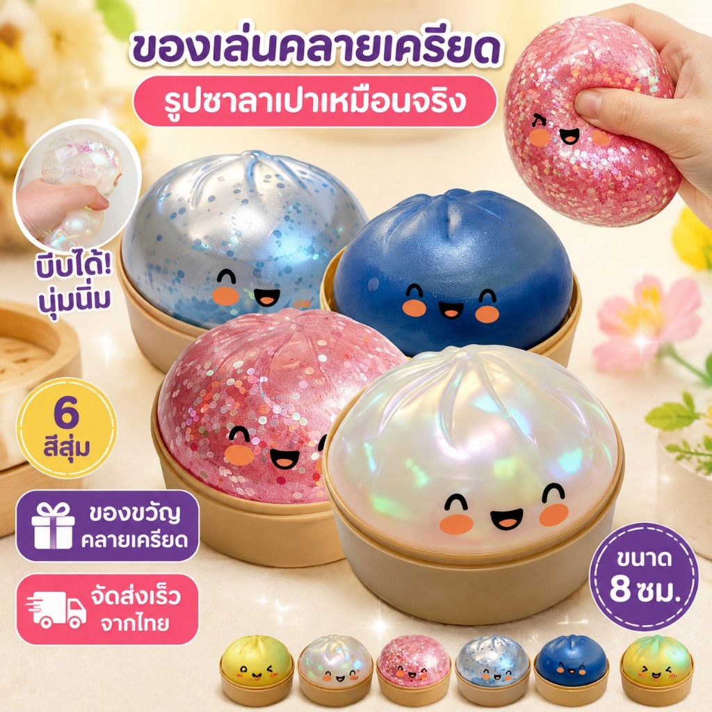 กล่องสุ่ม! ของเล่นคลายเครียดรูปซาลาเปาเหมือนจริง ขนาด 8 ซม. นุ่มนิ่ม บีบได้ เหมือนจริง ของขวัญคลายเครียด