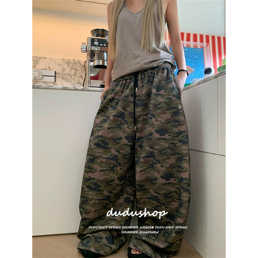 [Trendy camouflage wide leg pants]เกาหลีรุ่นวินเทจผู้หญิงกีฬาลมเทรนด์พรางขากว้างกางเกง