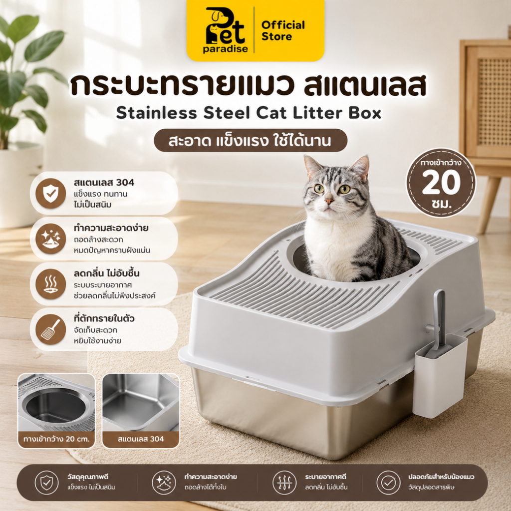 🌈PetParadise.th✨กระบะทรายแมว สแตนเลส หน้ากว้าง60cm ไม่สะสมกลิ่นเหม็นติดกระบะ ล้างทำความสะอาดง่าย