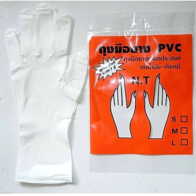 ถุงมือ PVC สีขาวตราNT ข้อสั้น ถุงมืออเนกประสงค์ใช้เก็บก้อนยาง 1 โหลมี 36 คู่ สวมใส่ง่ายสำหรับทำความสะอาด
