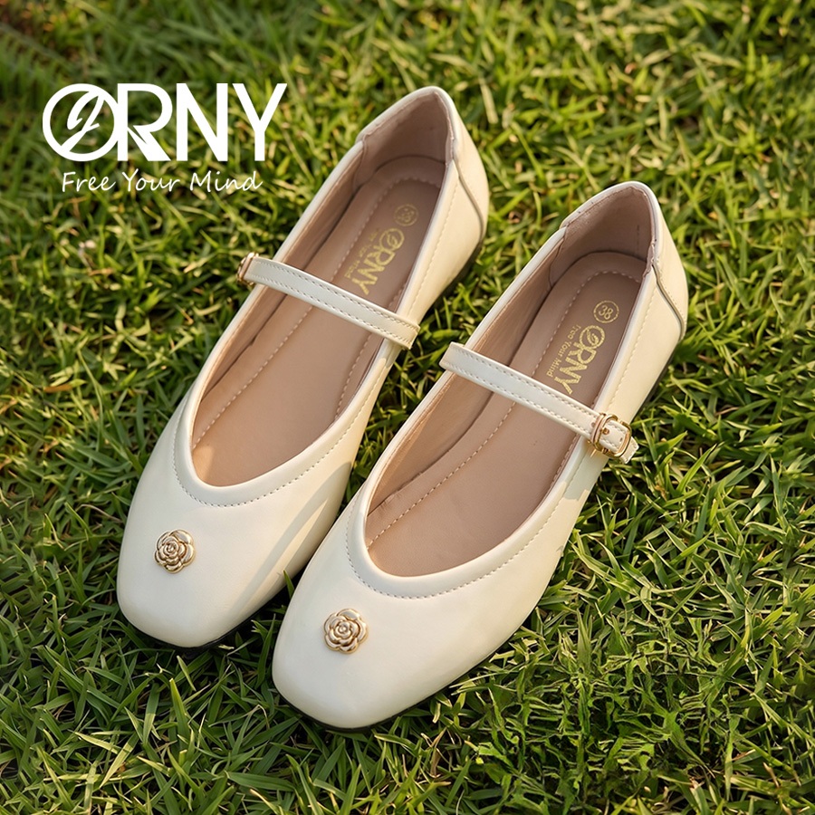 ORNY รองเท้าคัชชูผู้หญิง [มีไซส์37-42] ทรงแมรี่เจน (Mary Jane) OY142 ส้นแบน แต่งอะไหล่ดอกกุหลาบ สไตล์เกาหลี น่ารัก
