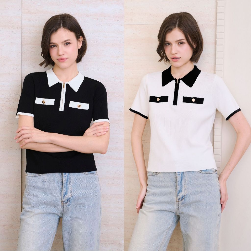 Cheryl brand - Riley Front Zip-Up Knit Top / เสื้อไหมพรมแขนสั้น คอปกเชิ้ต