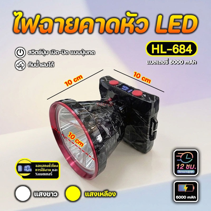 ไฟฉายคาดหัวLED ไฟเดินป่า กันฝน หน้าปัดกว้าง10 cm. 6000W สว่างมาก ยี่ห้อ HLX รุ่น HL-684