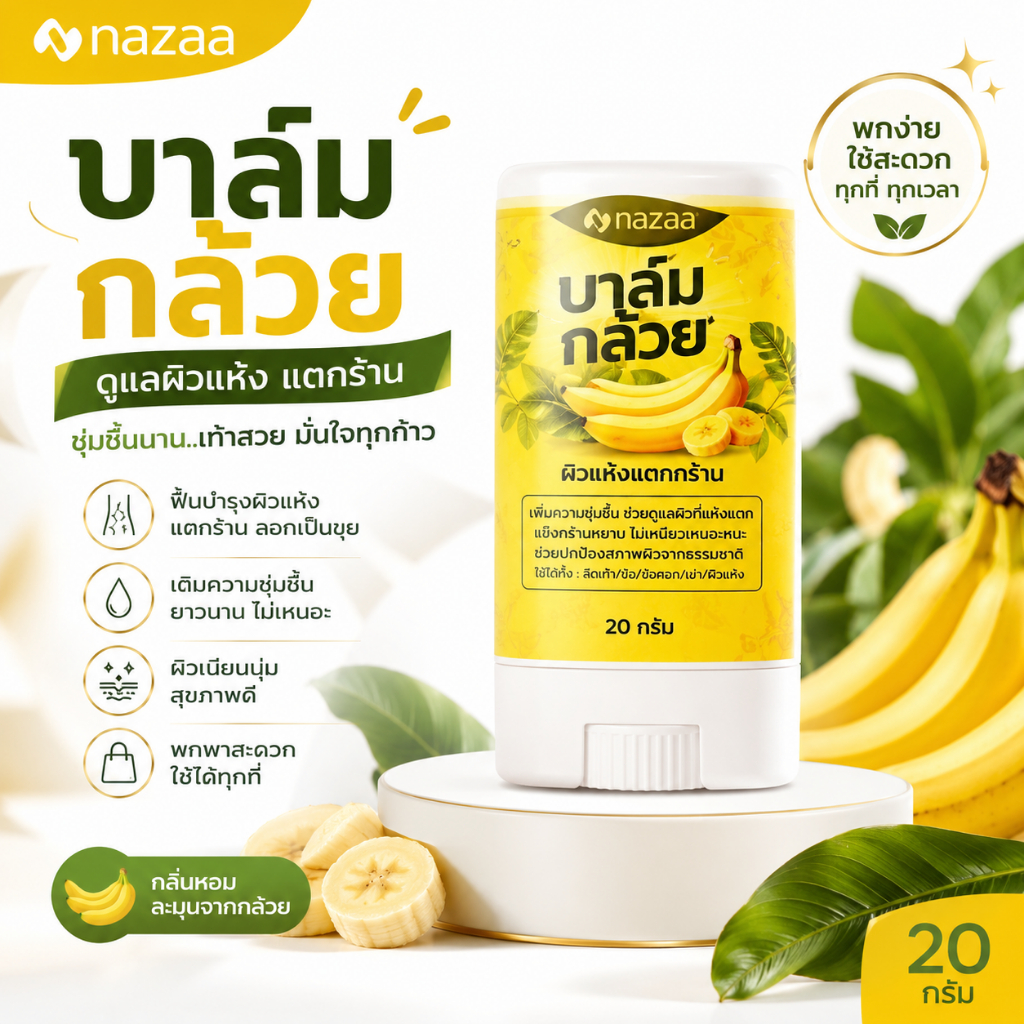DE LARVA & NAZAA Banana Balm บาล์มกล้วย สำหรับส้นเท้า ข้อศอก มือ ผิวนุ่มขึ้น 20g
