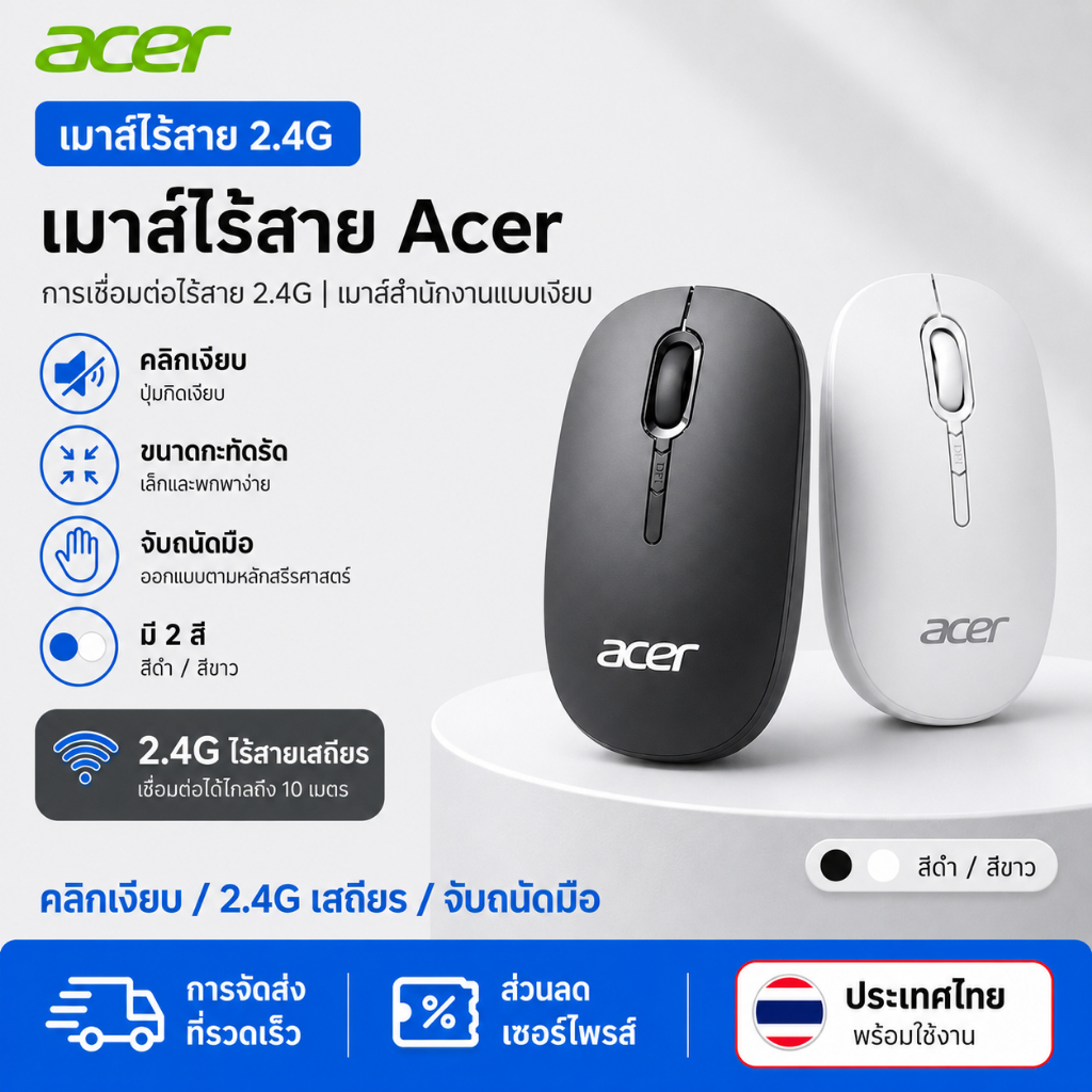 Acer M153 เมาส์ไร้สาย Silent ไร้สาย คลิกเงียบ ปรับ DPI 3 ระดับ 2.4G เสถียร ส่งฟรี