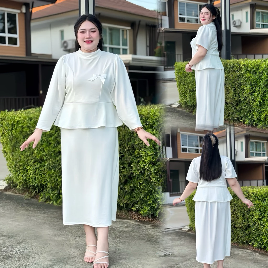 S206เซ็ท2ชิ้น เสื้อคอตั้ง+กระโปรงยาว *เสื้อมีให้เลือกแขนสั้น&แขนยาว มี3ไซส์ L XL 2XL รอบอก40-60นิ้ว ผ้าวูลเวฟ