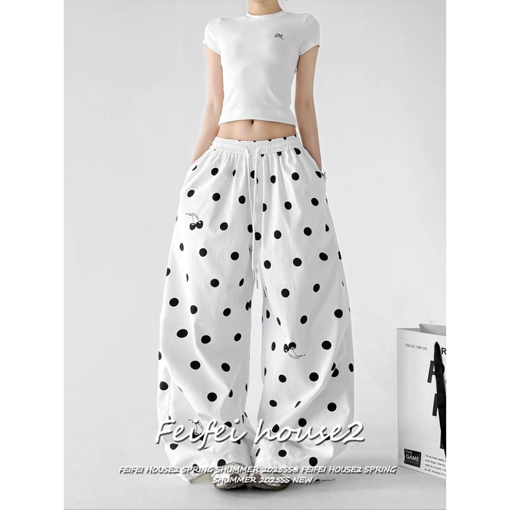 [Feifei-Summer Quick Dry Long Pants]กางเกงขายาวขากว้างมีเชือกดึงลายเชอร์รี่จุดทั่วตัวฤดูร้อน