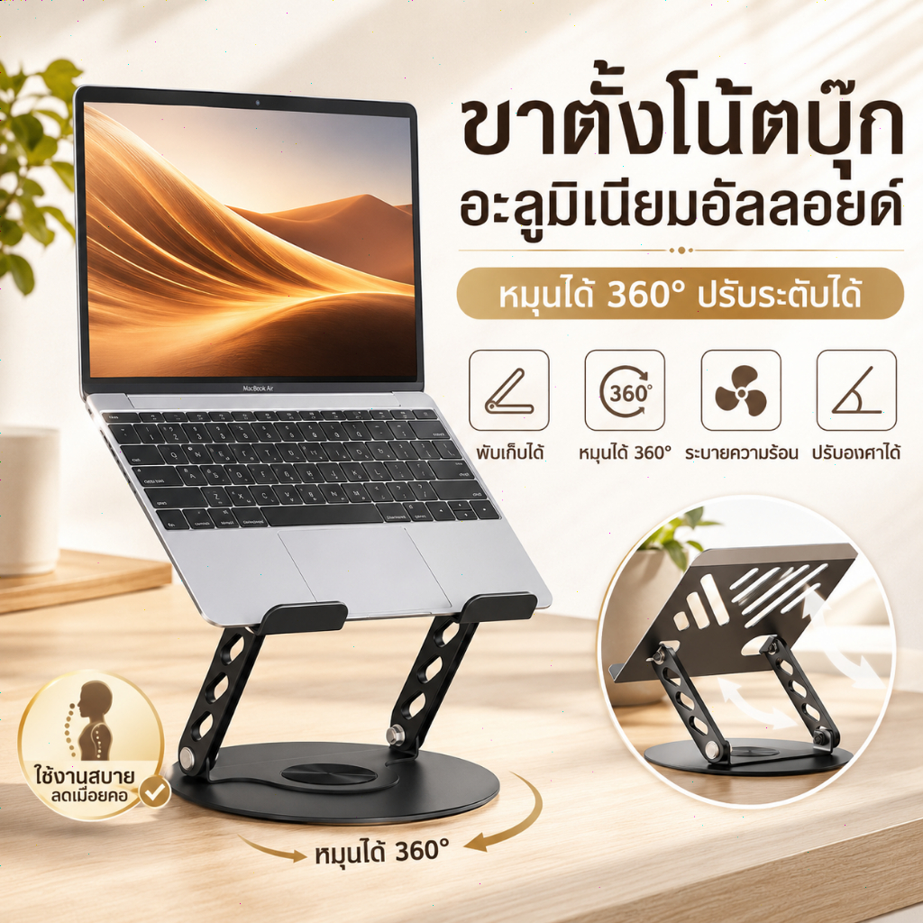 แท่นวางแล็ปท็อป/แท็บเล็ต หมุนได้ 360 องศา ปรับความสูงได้แบบแกนคู่ วัสดุโลหะพร้อมระบบระบายความร้อน ขาตั้งโน้ตบุ๊กโลหะ