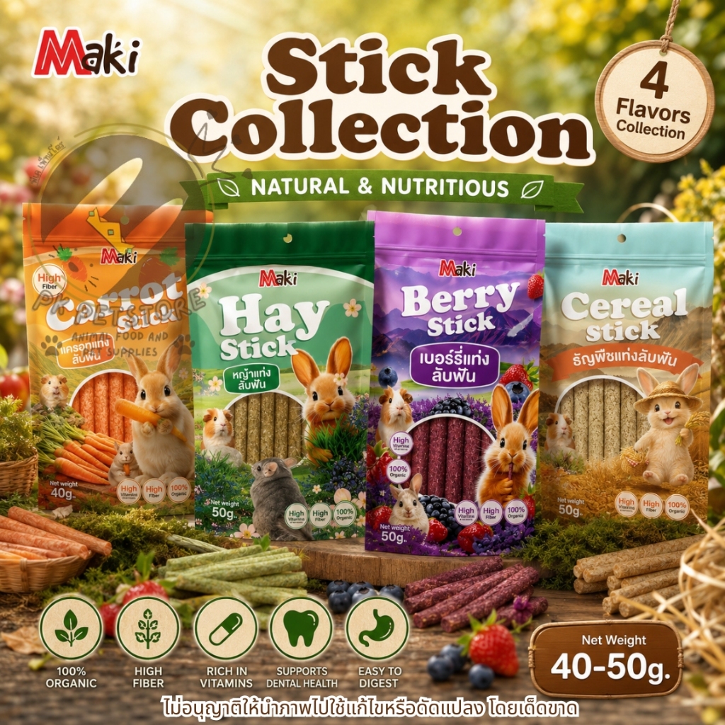 Maki Berry Stick มากิ สติ๊กแท่งลับฟัน สำหรับสัตว์ฟันแทะ  อาหารเสริมสำหรับสัตว์ฟันแทะผลิตจากหญ้าทิโมธี 3มีรสชาติ