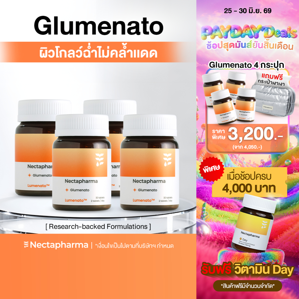 [4 ขวด] Glumenato กลูมีนาโต 4 ขวด แถมฟรี กระเป๋าเงาเงา วิตามินฉ่ำโกลว์ by Nectapharma