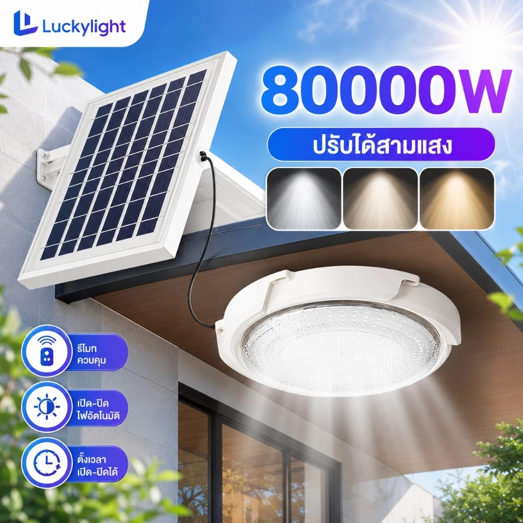 โคมไฟเพดาน ไฟโซล่าเซลล์ ไฟเพดานบ้าน80000W ไฟ LED โคมไฟเพดาน สว่างอัตโนมัติเมื่อฟ้ามืด ชาร์จไฟอัตโนมั