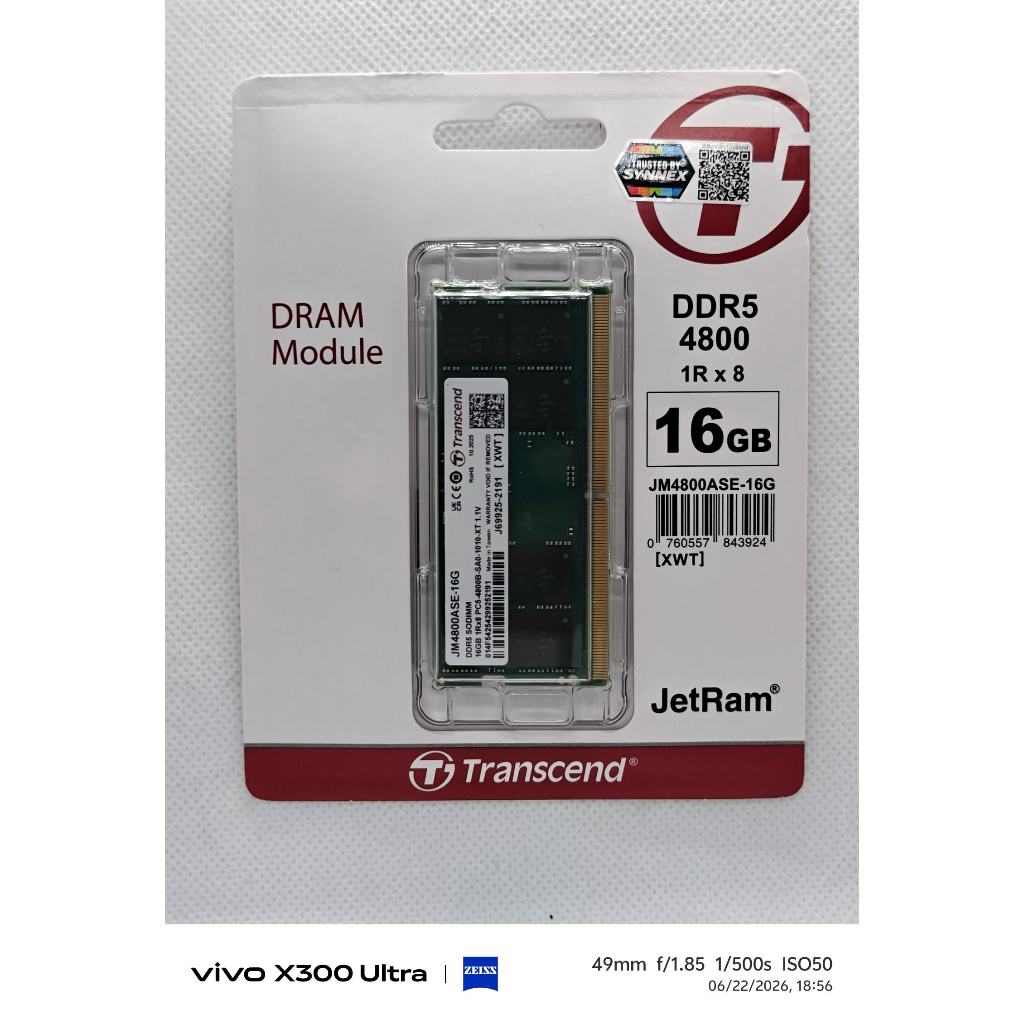 Transcend RAM-Memory DDR5 4800 SO-DIMM 16GB รับประกันตลอดอายุการใช้งาน JM4800ASE-16G