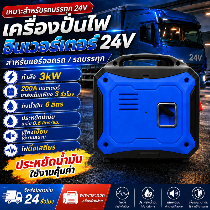 เครื่องปั่นไฟเบนซิน 24V รถบรรทุก ใช้กับแอร์หลังคา/แอร์ค้างคืน ประหยัดน้ำมันมาก ไฟไม่กระตุก ใช้ได้นาน